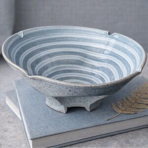 Signed Studio pottery footed bowl Celadon Glaze spiral interior Hand thrown art